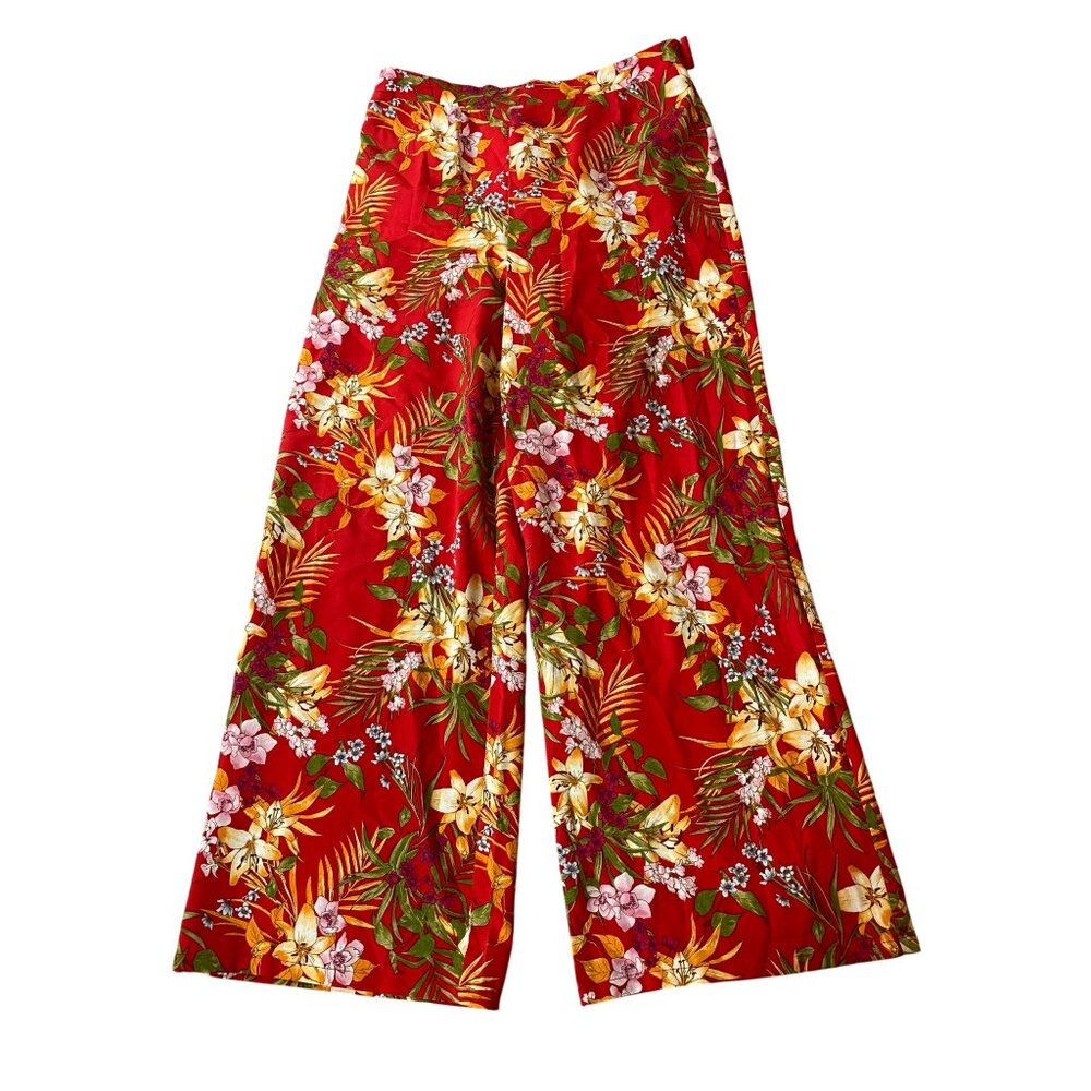 E&M Womens Red Floral Wide-Leg Pants Medium
